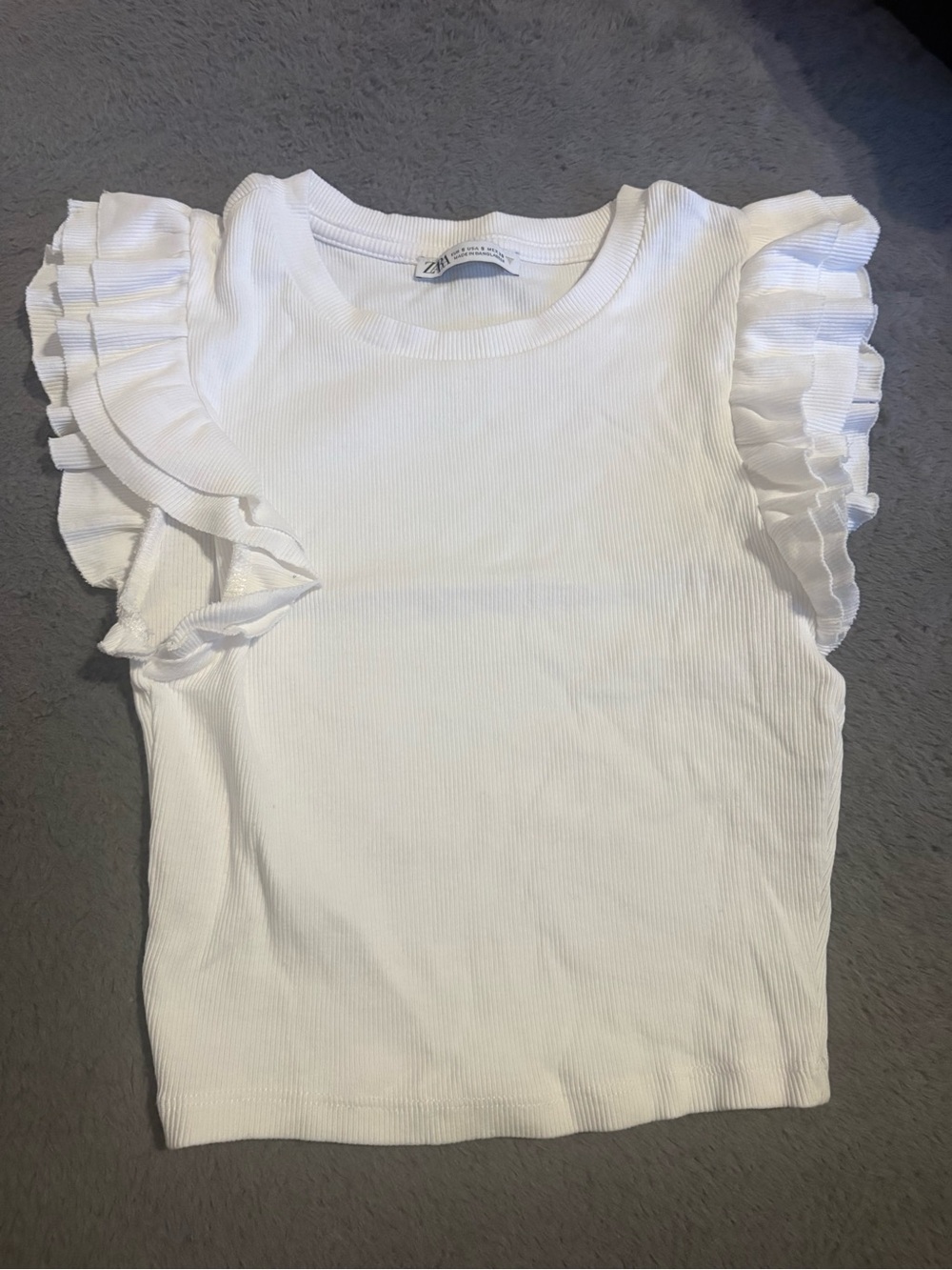 Zara White Ribbed Tee with Double Ruffle Sleeves